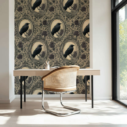 Çerçeveli Kargalı Duvar Kağıdı Vintage Çiçek Desenli Salon