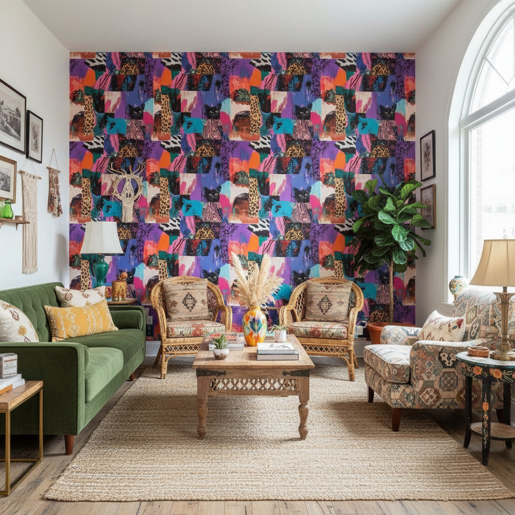 Renkli Pop Art Leopar Desenli Duvar Kağıdı Salon