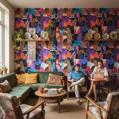 Renkli Pop Art Leopar Desenli Duvar Kağıdı Salon