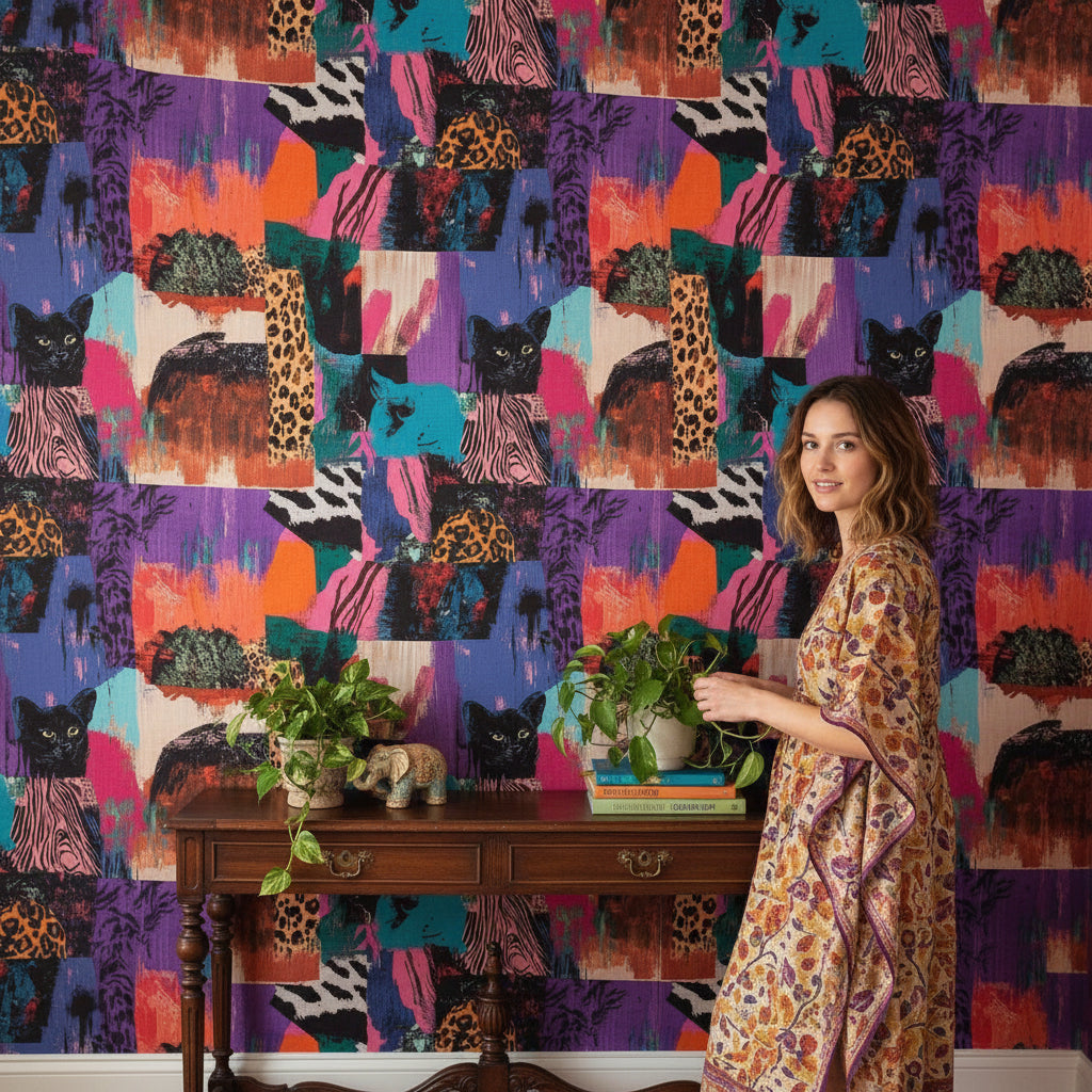 Renkli Pop Art Leopar Desenli Duvar Kağıdı Salon