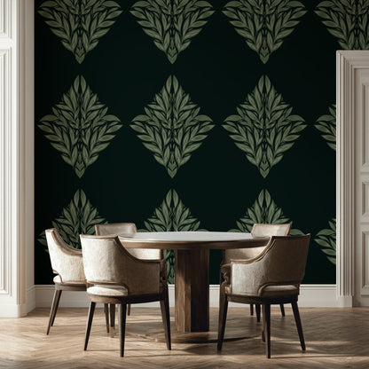 Art Deco Yaprak Motifli Duvar Kağıdı Koyu Yeşil Desenli