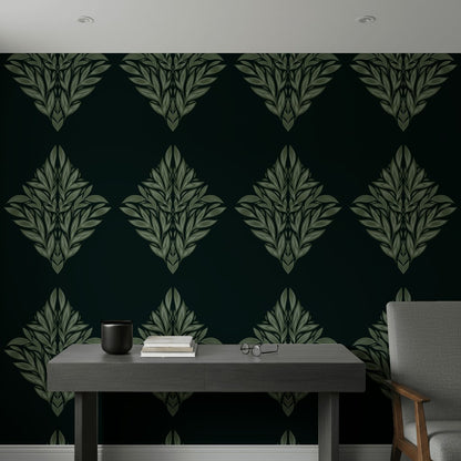 Art Deco Yaprak Motifli Duvar Kağıdı Koyu Yeşil Desenli
