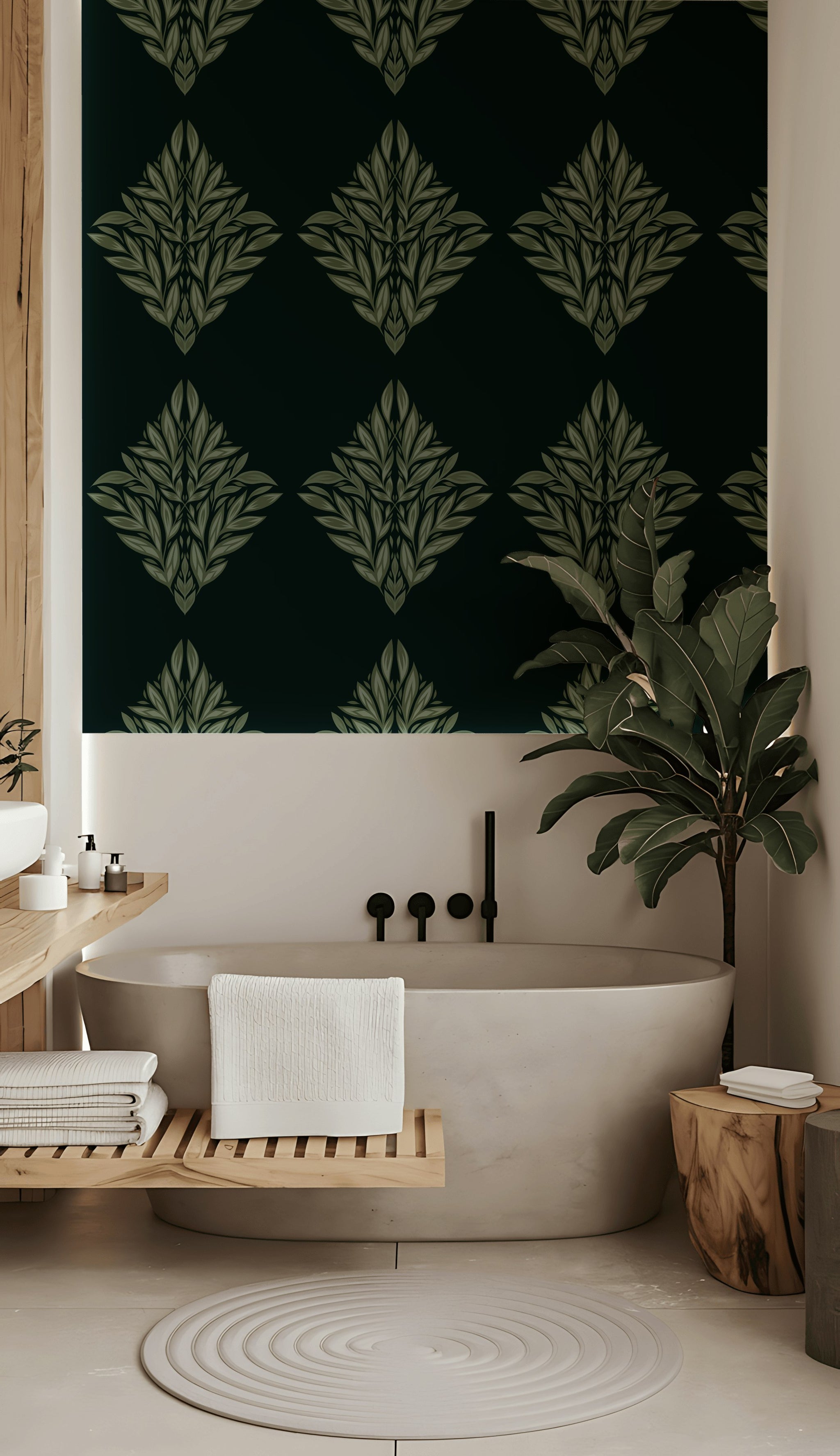 Art Deco Yaprak Motifli Duvar Kağıdı Koyu Yeşil Desenli