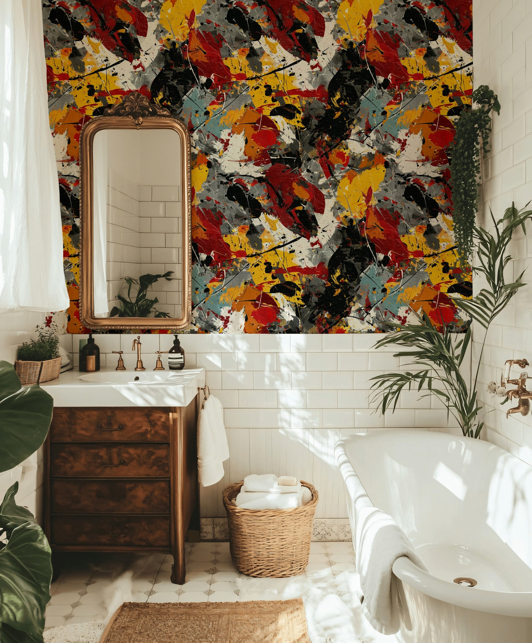 Soyut Renk Sıçramalı Duvar Kağıdı Kırmızı Sarı Modern Salon
