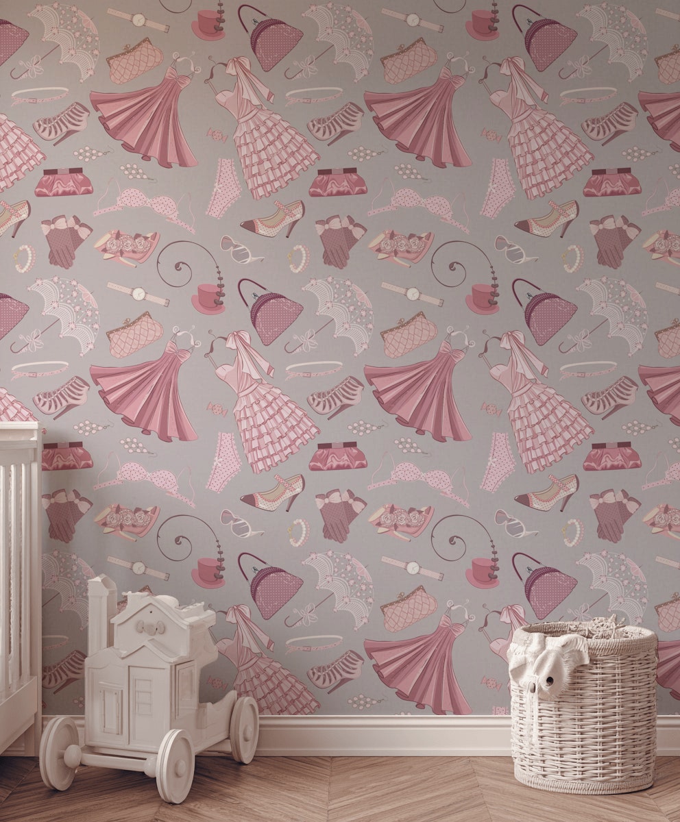 Moda Temalı Duvar Kağıdı Pudra Pembe Elbise Desenli