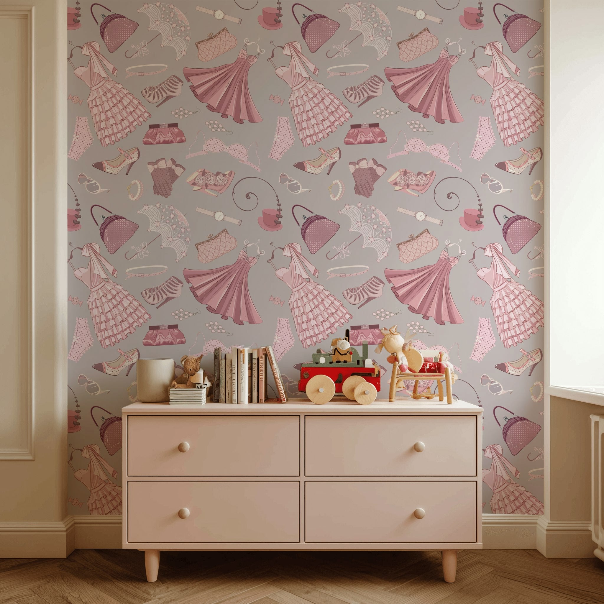 Moda Temalı Duvar Kağıdı Pudra Pembe Elbise Desenli