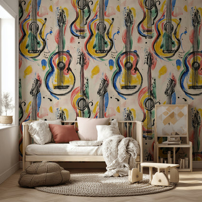 Renkli Gitar Desenli Duvar Kağıdı Müzik Temalı Modern