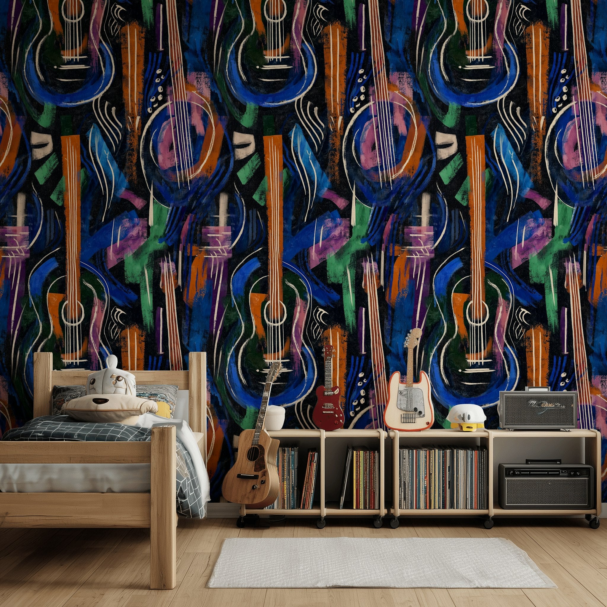 Soyut Gitar Desenli Duvar Kağıdı Lacivert Turuncu Modern