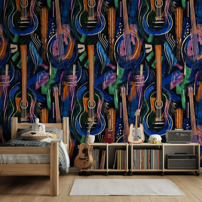 Soyut Gitar Desenli Duvar Kağıdı Lacivert Turuncu Modern