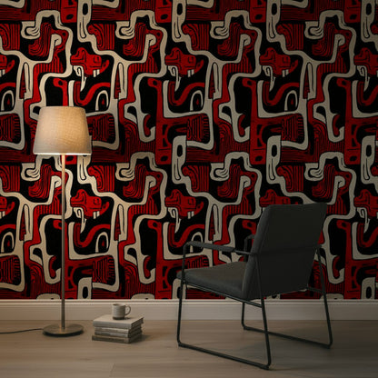Kırmızı Siyah Soyut Desenli Duvar Kağıdı Modern Salon