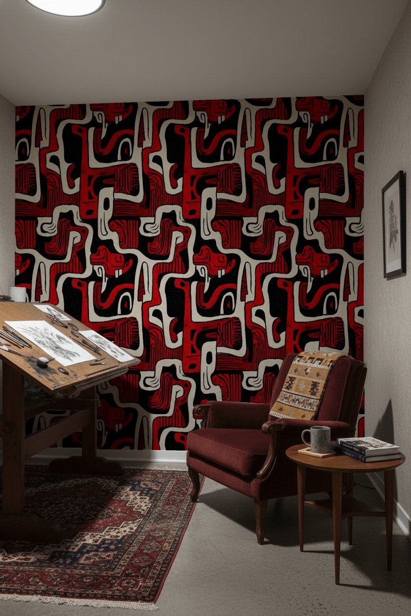 Kırmızı Siyah Soyut Desenli Duvar Kağıdı Modern Salon