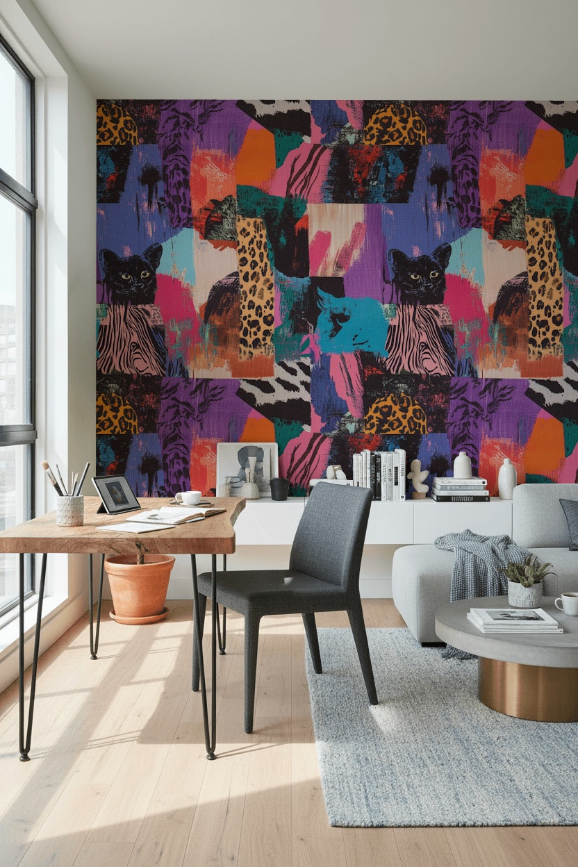 Renkli Pop Art Leopar Desenli Duvar Kağıdı Salon