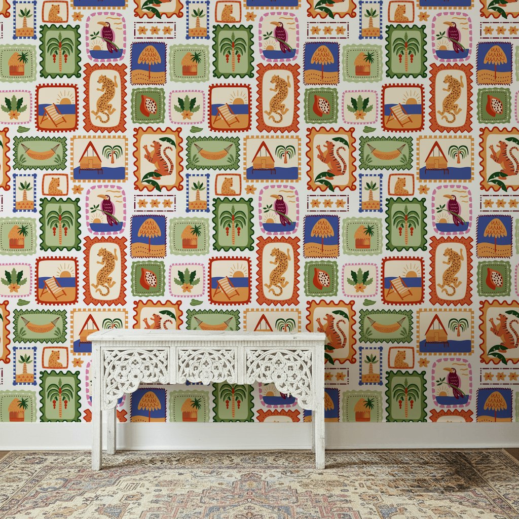 Tropikal Kartpostal Desenli Duvar Kağıdı Renkli Modern Salon