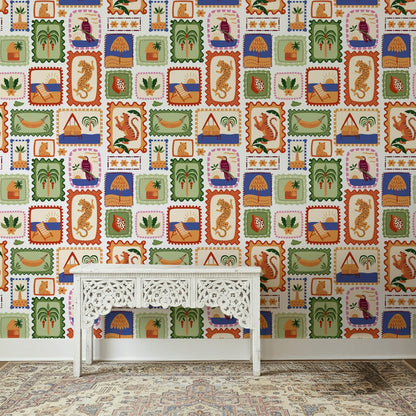 Tropikal Kartpostal Desenli Duvar Kağıdı Renkli Modern Salon