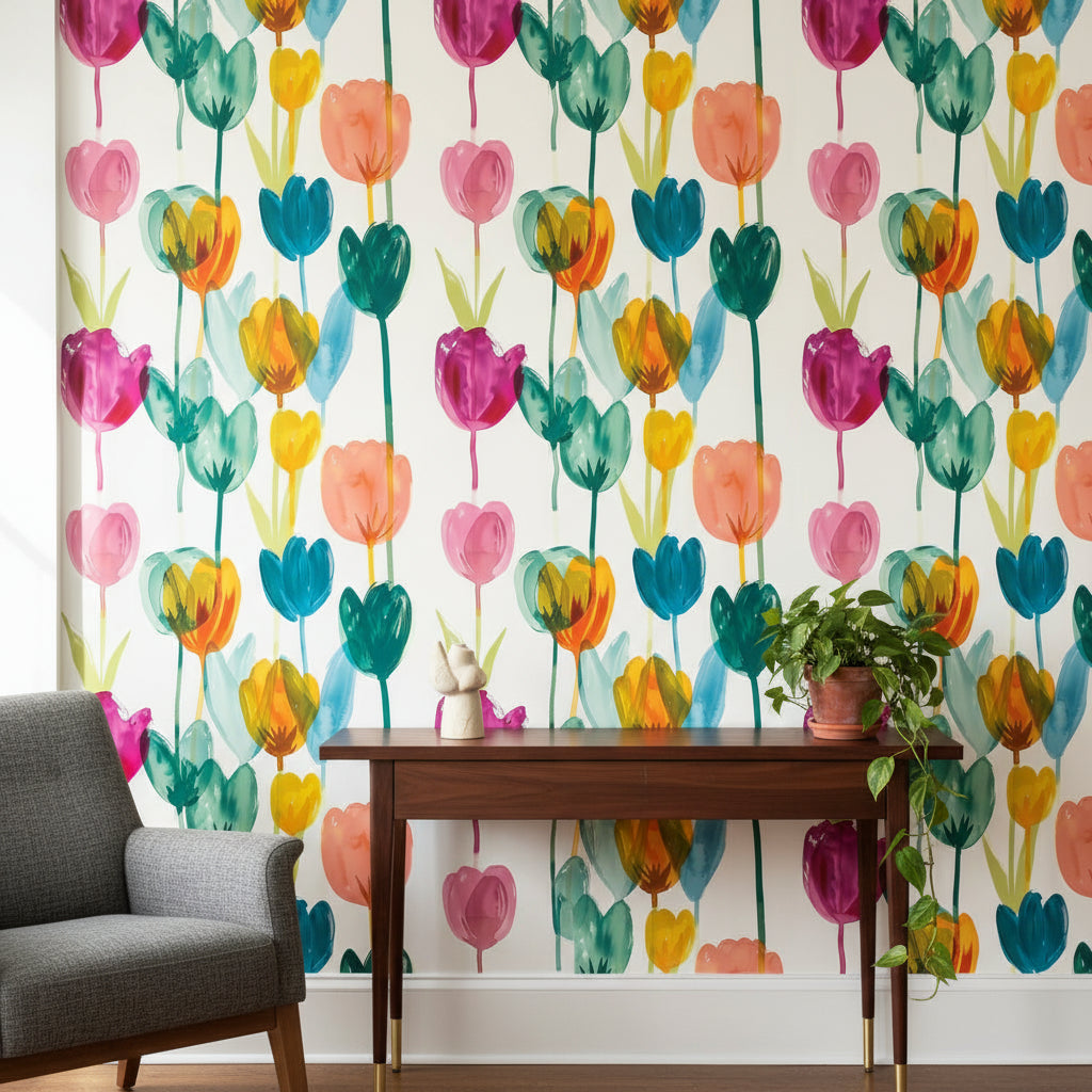 Sulu Boya Laleli Duvar Kağıdı Renkli Çiçek Desenli