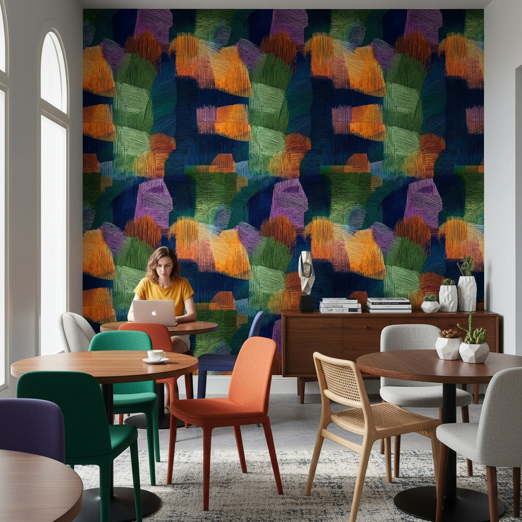 Renkli Soyut Fırça Darbeli Duvar Kağıdı Modern Salon