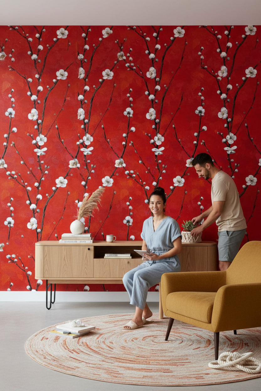 Kırmızı Zeminli Beyaz Çiçekli Duvar Kağıdı Salon Deseni