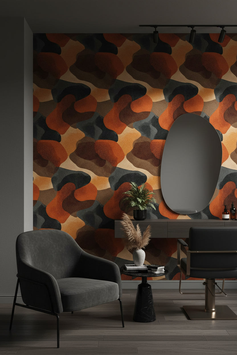 Soyut Dalga Desenli Duvar Kağıdı Turuncu Siyah Salon