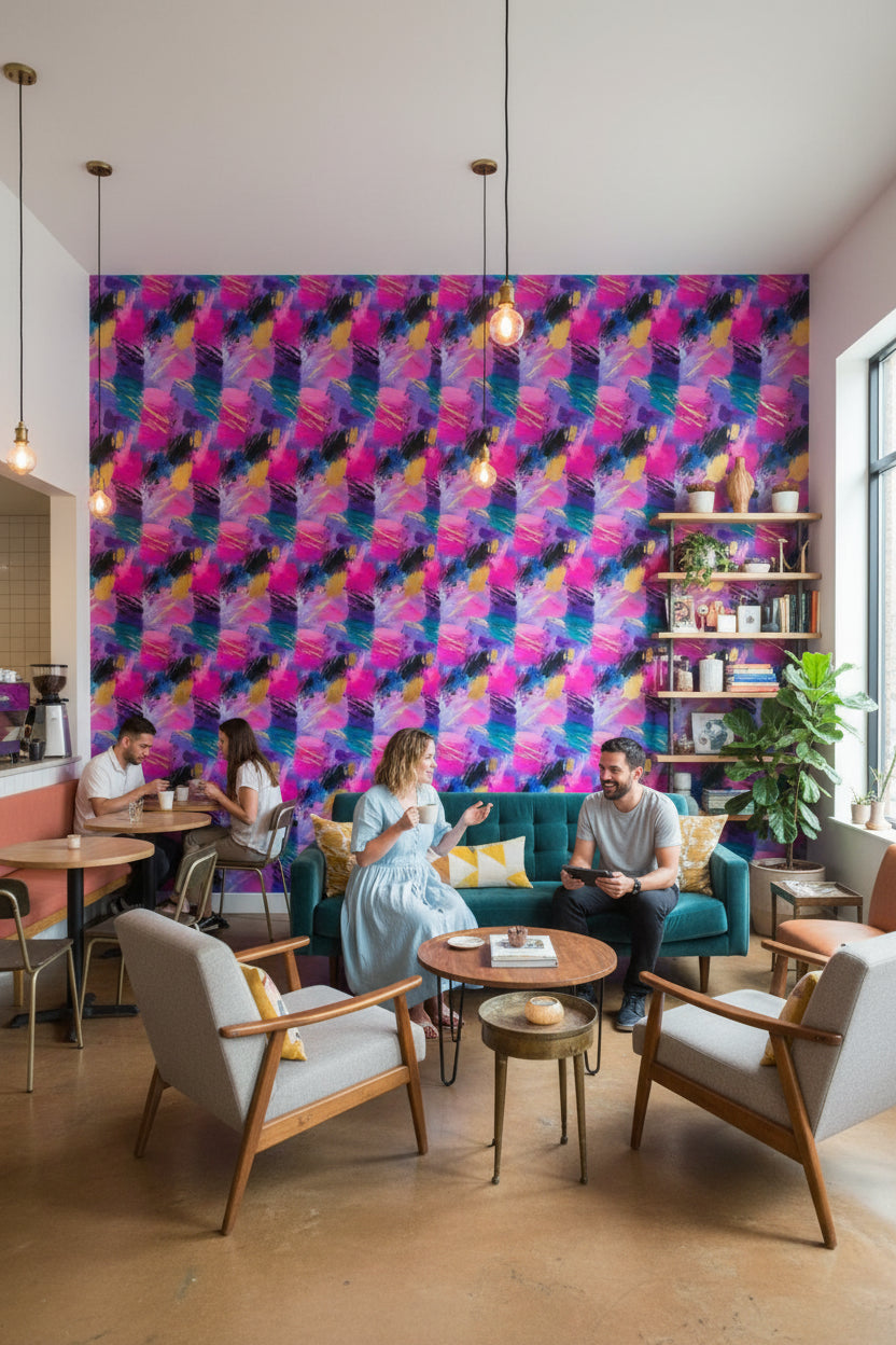 Renkli Soyut Fırça Darbeli Duvar Kağıdı Modern Salon
