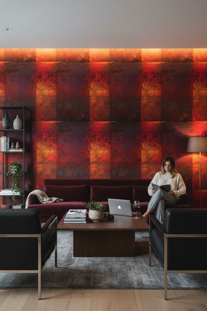 Soyut Kare Desenli Duvar Kağıdı Kırmızı Siyah Modern Salon