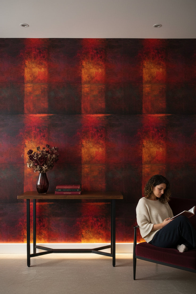 Soyut Kare Desenli Duvar Kağıdı Kırmızı Siyah Modern Salon