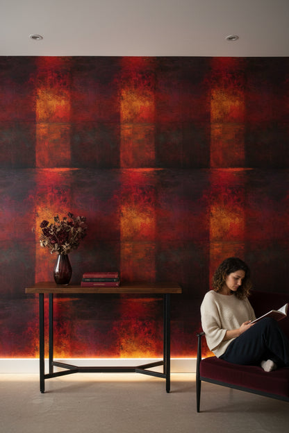 Soyut Kare Desenli Duvar Kağıdı Kırmızı Siyah Modern Salon