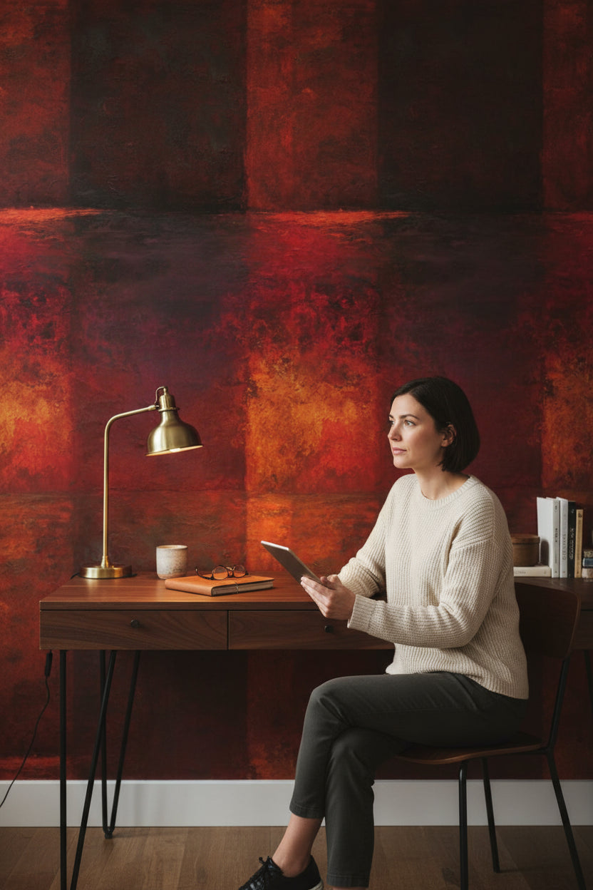 Soyut Kare Desenli Duvar Kağıdı Kırmızı Siyah Modern Salon