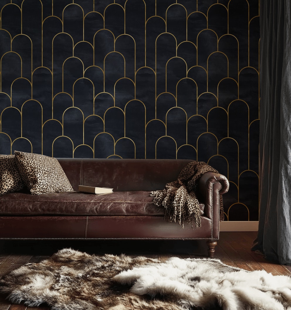 Altın Çizgili Art Deco Duvar Kağıdı Lacivert Salon