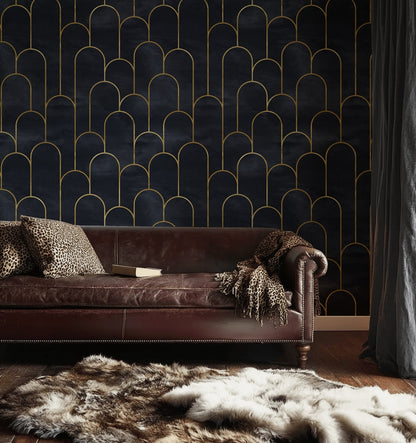 Altın Çizgili Art Deco Duvar Kağıdı Lacivert Salon