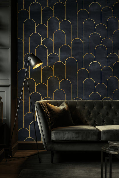 Altın Çizgili Art Deco Duvar Kağıdı Lacivert Salon