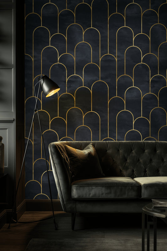Altın Çizgili Art Deco Duvar Kağıdı Lacivert Salon