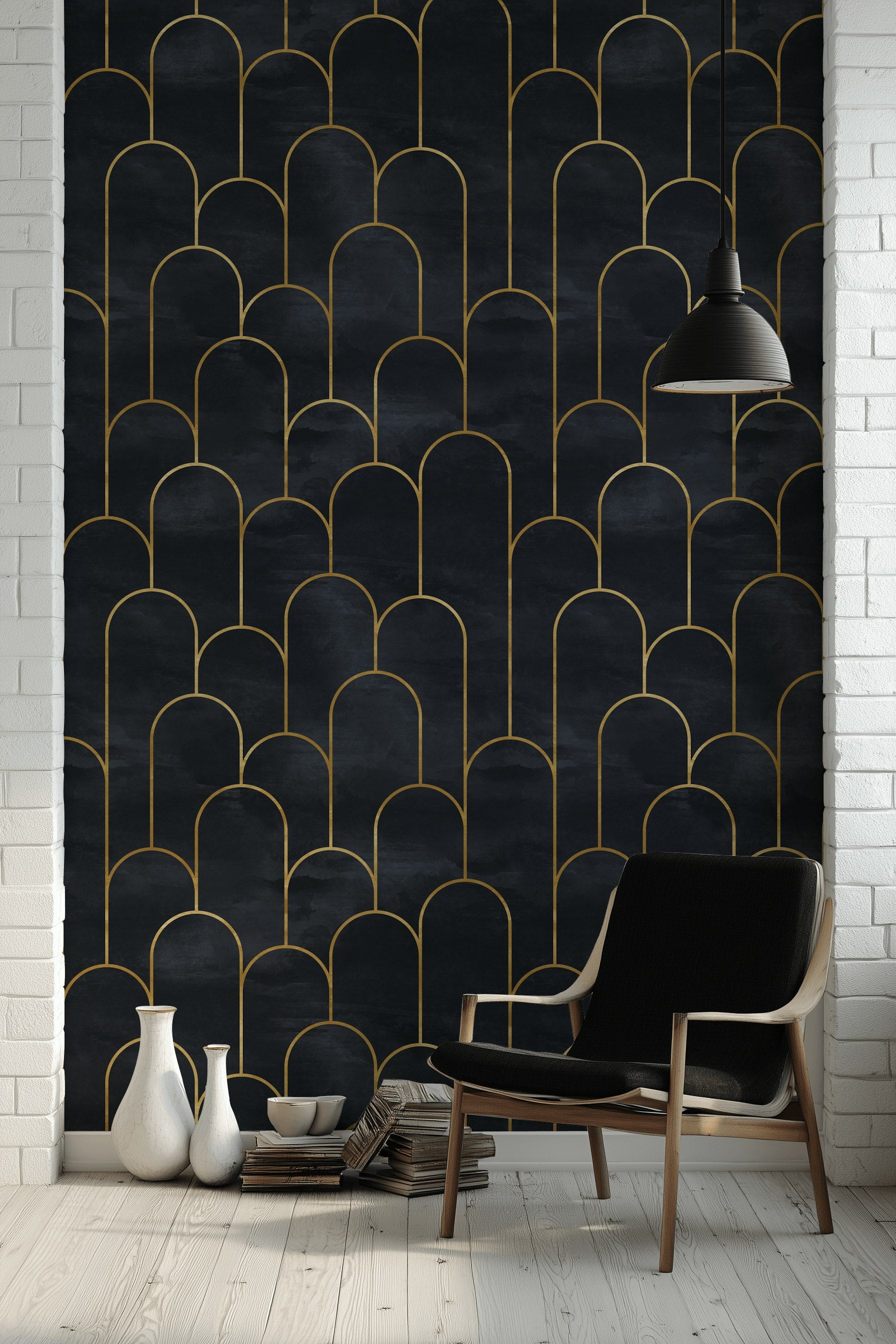 Altın Çizgili Art Deco Duvar Kağıdı Lacivert Salon
