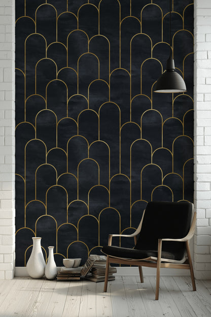 Altın Çizgili Art Deco Duvar Kağıdı Lacivert Salon