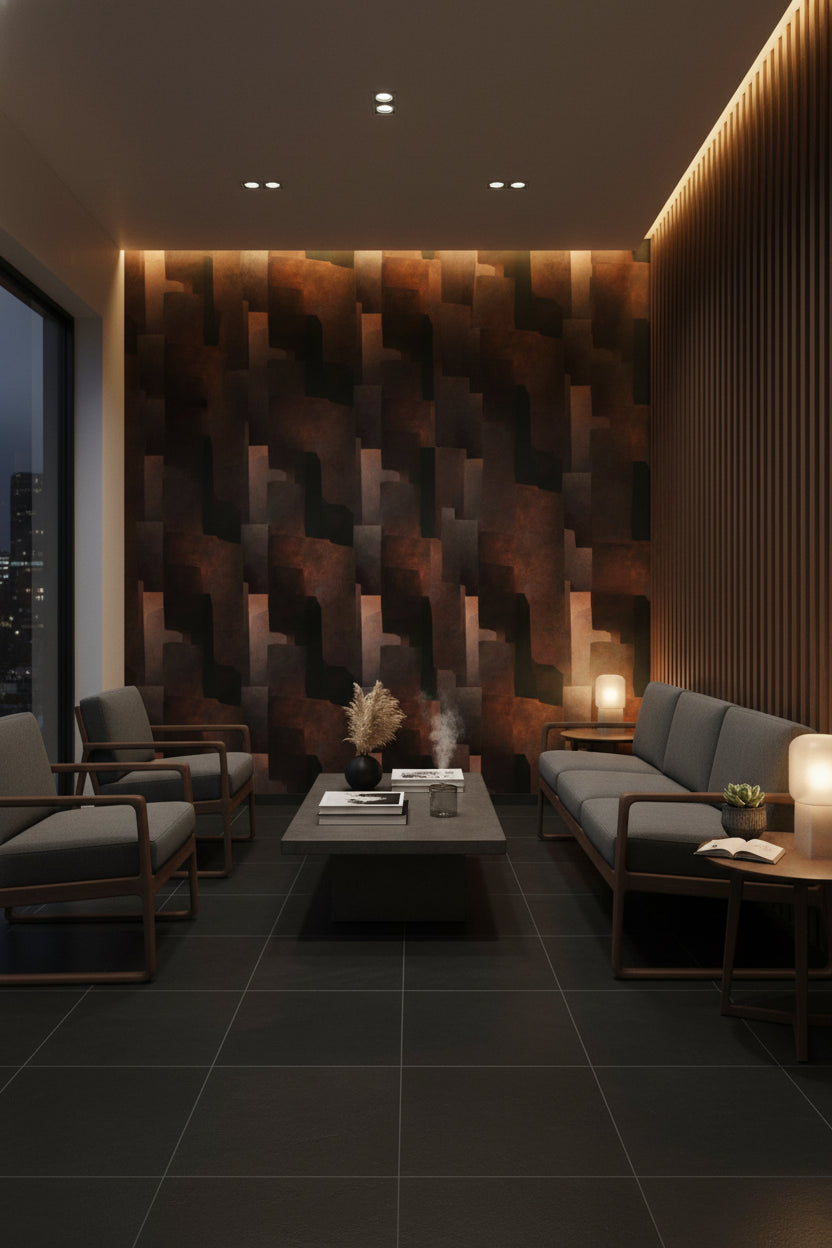Geometrik Soyut Duvar Kağıdı Siyah Pas Rengi Modern