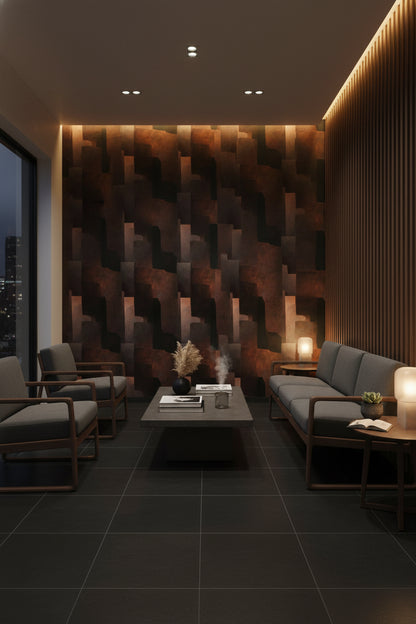 Geometrik Soyut Duvar Kağıdı Siyah Pas Rengi Modern