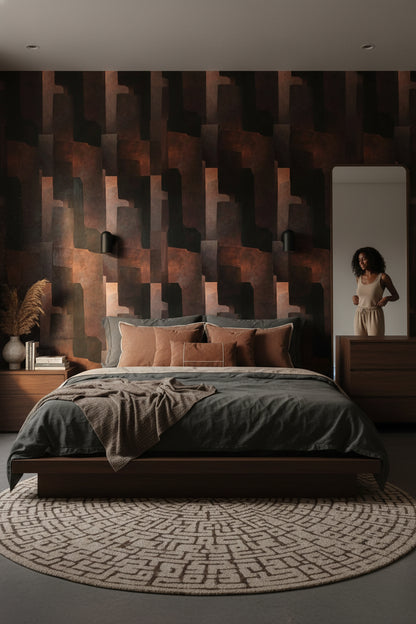 Geometrik Soyut Duvar Kağıdı Siyah Pas Rengi Modern