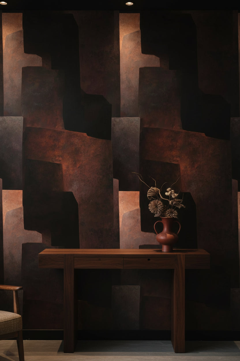 Geometrik Soyut Duvar Kağıdı Siyah Pas Rengi Modern