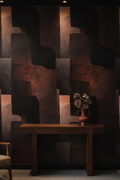 Geometrik Soyut Duvar Kağıdı Siyah Pas Rengi Modern