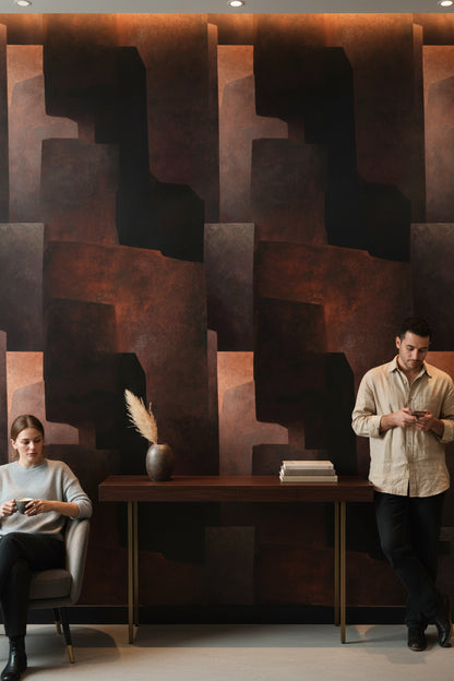 Geometrik Soyut Duvar Kağıdı Siyah Pas Rengi Modern