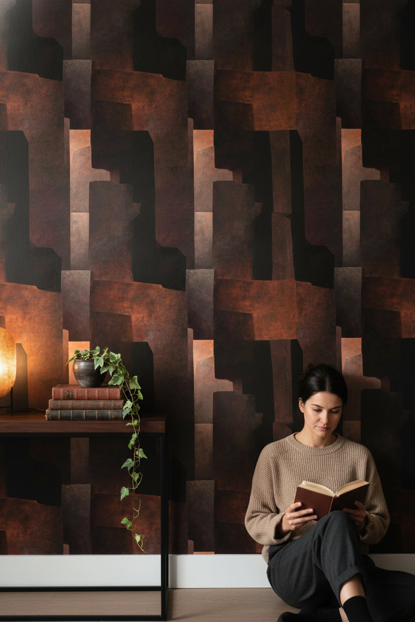 Geometrik Soyut Duvar Kağıdı Siyah Pas Rengi Modern