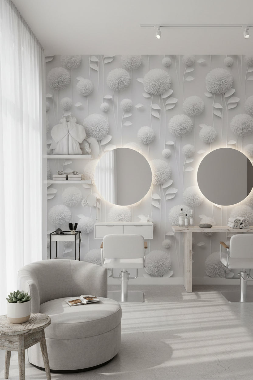 Beyaz Çiçekli Duvar Kağıdı Minimal 3D Görünümlü Salon