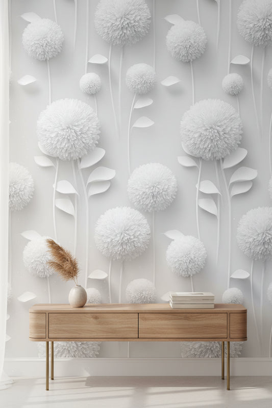 Beyaz Çiçekli Duvar Kağıdı Minimal 3D Görünümlü Salon