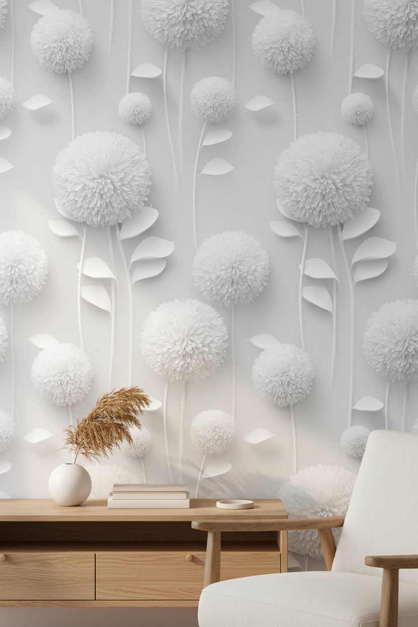 Beyaz Çiçekli Duvar Kağıdı Minimal 3D Görünümlü Salon