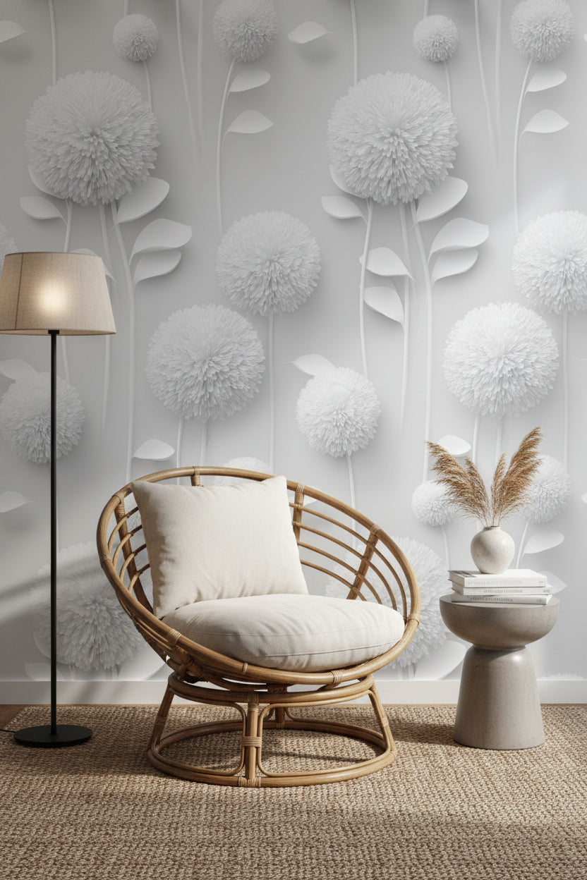 Beyaz Çiçekli Duvar Kağıdı Minimal 3D Görünümlü Salon