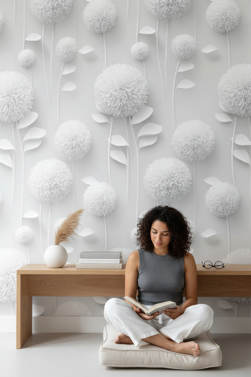 Beyaz Çiçekli Duvar Kağıdı Minimal 3D Görünümlü Salon