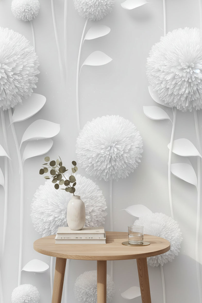 Beyaz Çiçekli Duvar Kağıdı Minimal 3D Görünümlü Salon