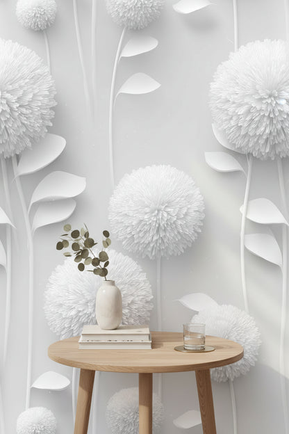 Beyaz Çiçekli Duvar Kağıdı Minimal 3D Görünümlü Salon