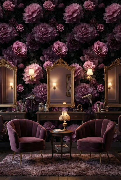 Koyu Zeminde Mor Şakayık Duvar Kağıdı Çiçek Desenli Salon