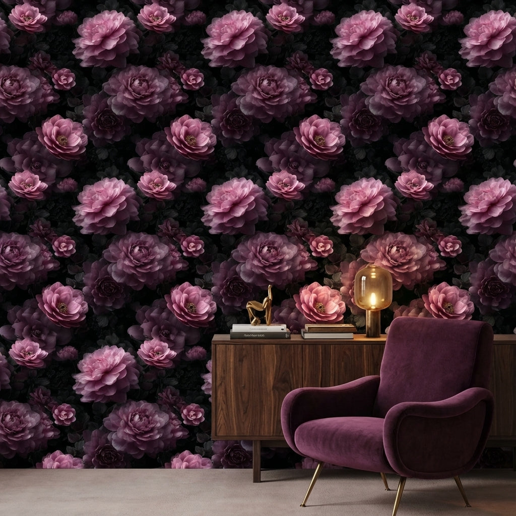 Koyu Zeminde Mor Şakayık Duvar Kağıdı Çiçek Desenli Salon