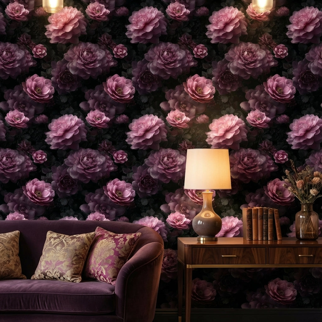 Koyu Zeminde Mor Şakayık Duvar Kağıdı Çiçek Desenli Salon